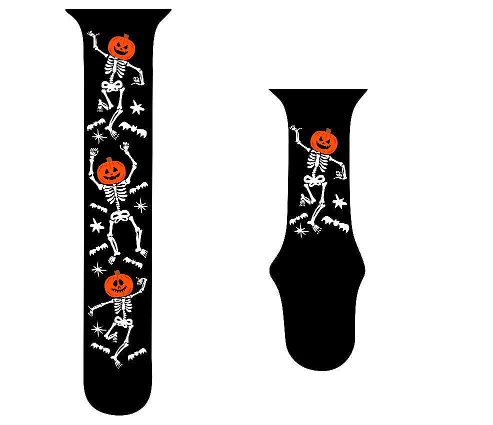 Halloween Watch Band for Apple Watch Engraved Silicone 38mm 40mm 41mm 42mm 44mm 45mm Fall Skeleton Ghosts, Pumpkins Head band