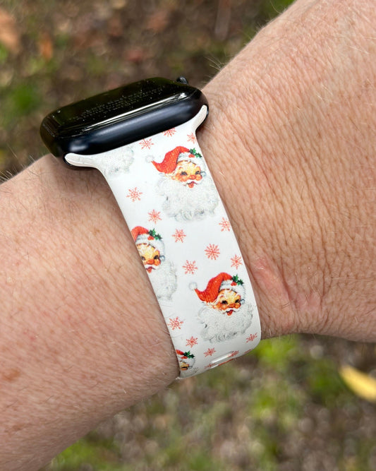 Christmas Santa Watch Band for Apple Watch Samsung Watch & Fitbit Holiday Santa Band White b/g #218 silicone 20 22 38 40 41 42 44 45 49mm